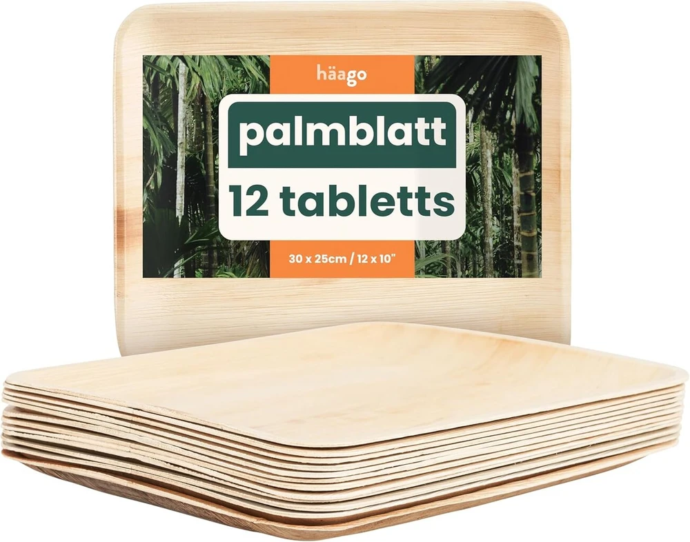 Haago 12 palmių lapų padėklų (25 x 30 cm, stačiakampiai) kompostuojami ir vienkartiniai - draugiški aplinkai piknikams ir lauke - tinkami šaldikliui ir mikrobangų krosnelei
