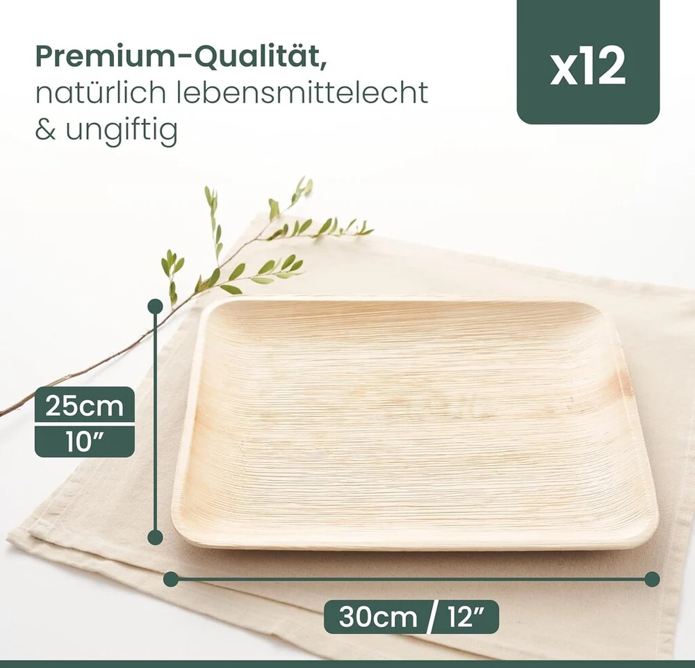 Haago 12 palmių lapų padėklų (25 x 30 cm, stačiakampiai) kompostuojami ir vienkartiniai - draugiški aplinkai piknikams ir lauke - tinkami šaldikliui ir mikrobangų krosnelei