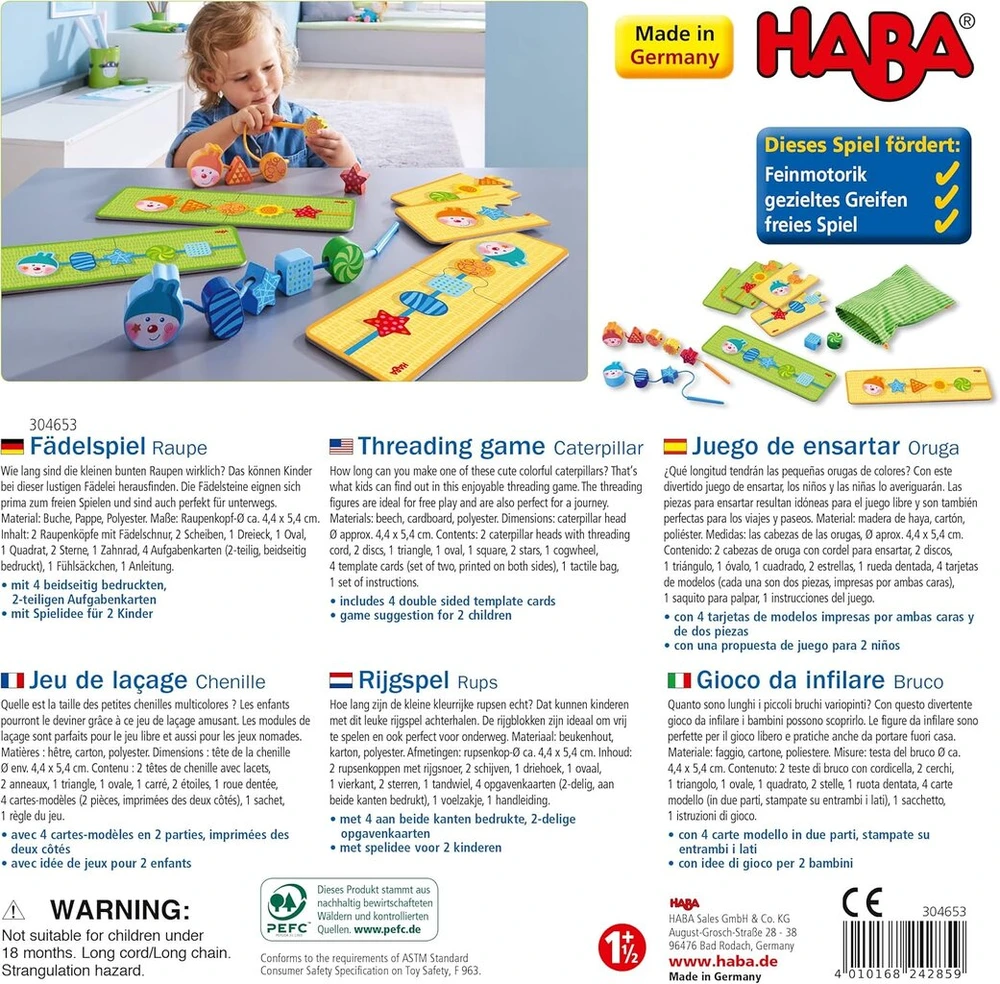 Haba 304653 Vėrimo žaidimas „caterpillar“ vaikams nuo 18 mėnesių, koncentraciją, pagamintas Vokietijoje
