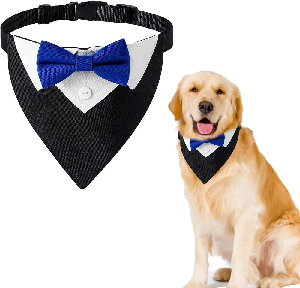 Hacraho formalus šuns smokingo bandana, 1 vnt., reguliuojama, mėlyna, vestuvinė apykaklė su peteliške ir kaklaraiščiu, smokingo bandana su apykakle vidutiniams dideliems šunims, didelė