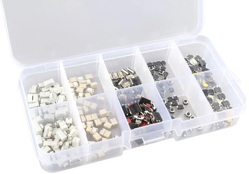 Haljia 250 vnt. 10 verčių taktilinių mygtukų rinkinys, mikro momentinis taktilinis smd asortimentas + plastikinis dėžutė