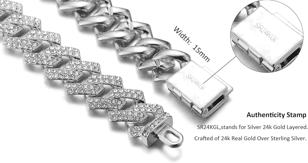Halukakah Diamond Cuban grandinėlė vyrams, padengta 24 karatų tikru auksu/platina, balto aukso spalvos sidabro vermeil, 15 mm deimantinė aukso grandinėlės vėrinys-apyrankė, laboratoriniai deimantai su rėmeliais, su dovanų dėžute