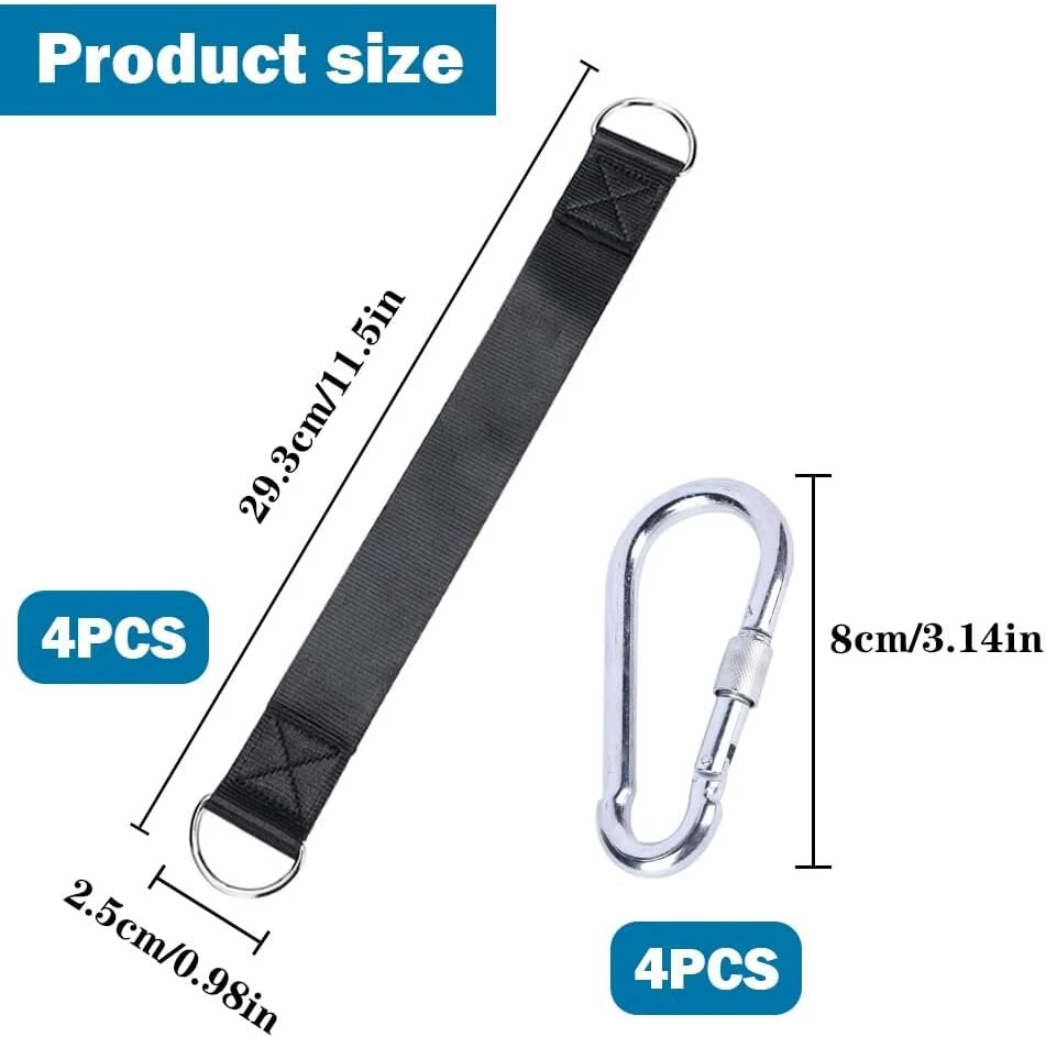 Hanging Kit Hammock, 4 dalių hamako tvirtinimo sūpynės, pakabinimo priedas nailoninis pakabinimo dirželis su 4 karabinais D formos žiedais vidaus lauko sūpynių hamakams