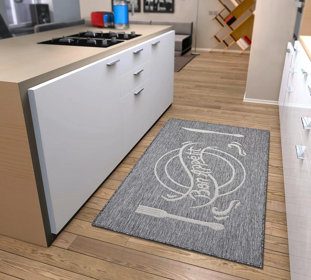Hanse Home Bon Appetit kiliminis takelis – virtuvinis kilimas su užrašais, neslystantis, lengvai prižiūrimas, tvirtas, Oeko-tex kiliminis takelis virtuvei, prieškambariui, valgomajam – pilka kreminė, 92 x 150 cm
