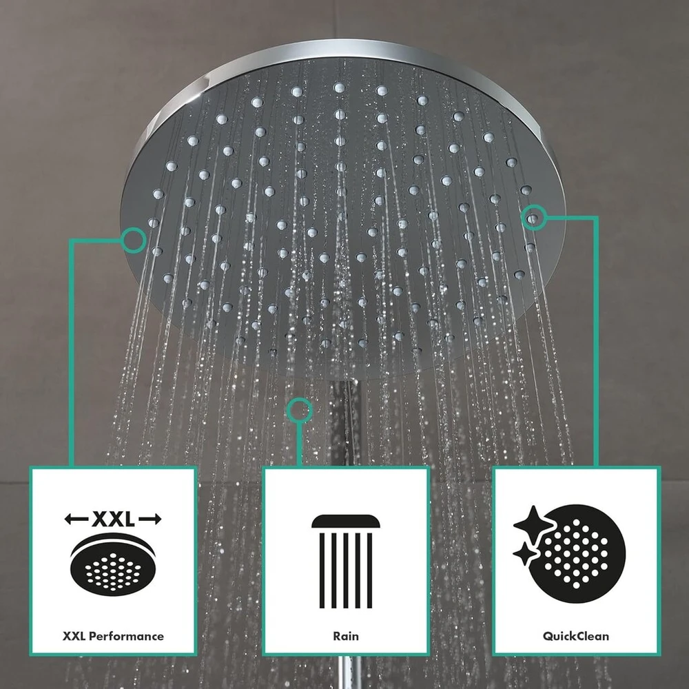 Hansgrohe Vernis Blend 26276000 dušo sistema su termostatu, lietaus dušas (205 mm) su jungtimi, rankinis dušas (2 tipų srovės), žarna, dušo stovas ir apvali dušo galvutė (1 tipo srovė), chromas