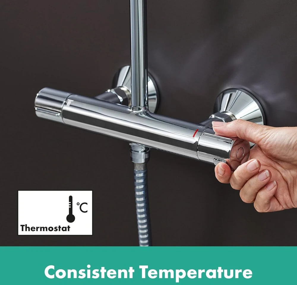Hansgrohe Vernis Blend 26276000 dušo sistema su termostatu, lietaus dušas (205 mm) su jungtimi, rankinis dušas (2 tipų srovės), žarna, dušo stovas ir apvali dušo galvutė (1 tipo srovė), chromas