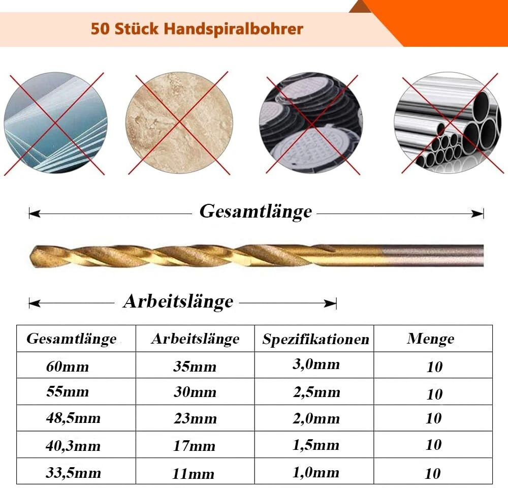 Haotrade 50 dalių rankinis grąžtas, mini grąžtų rinkinys, Hss mikro grąžtų rinkinys, greitojo plieno grąžtas, titano danga, grąžtas metalui, aliuminiui, plastikui, plienui, medžiui