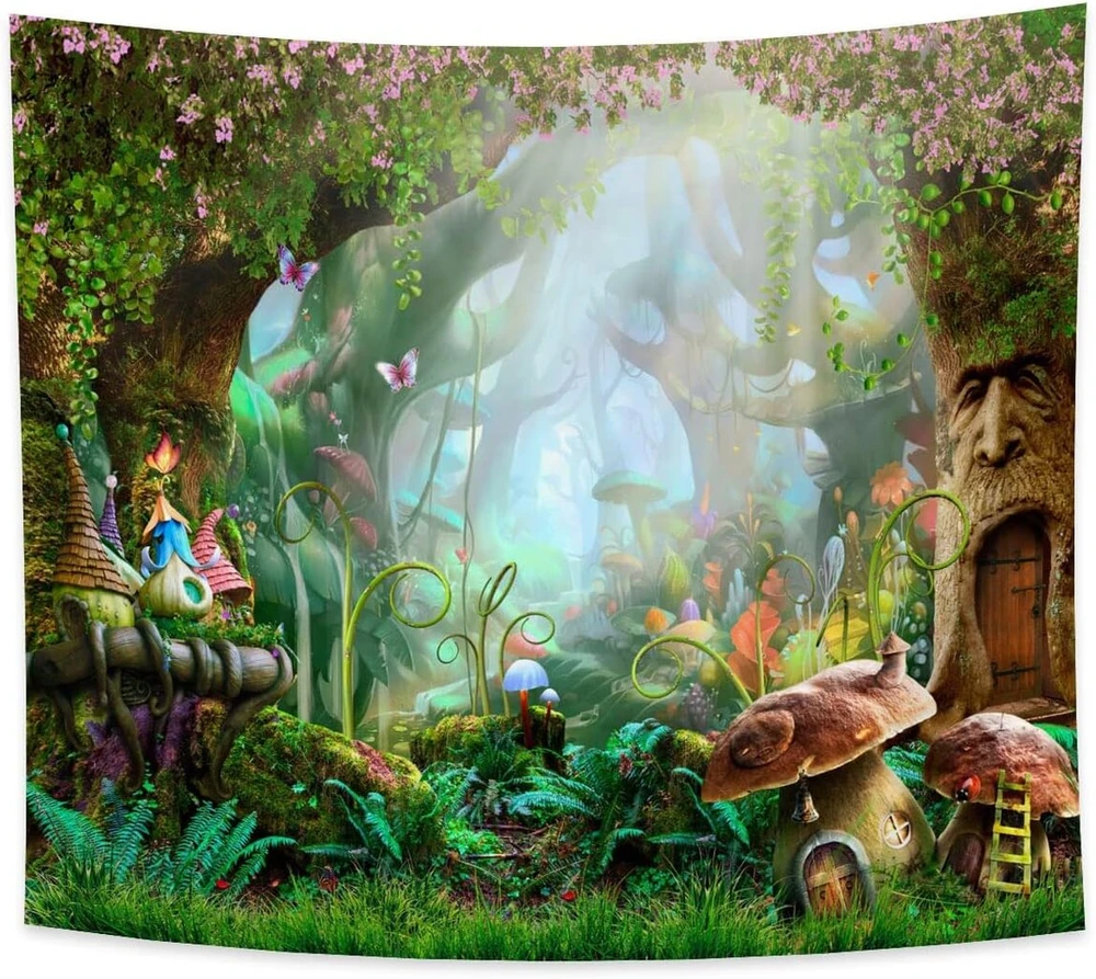 Haoyiyi 150 x 130 cm grybų miško gobelenas elfų namas psichodelinis miško animacinis sienų pakabinimas gėlės užkerėtas miško pavasario scenos gobelenas abstraktus sienų menas specialus dizainas miegamojo dekorui