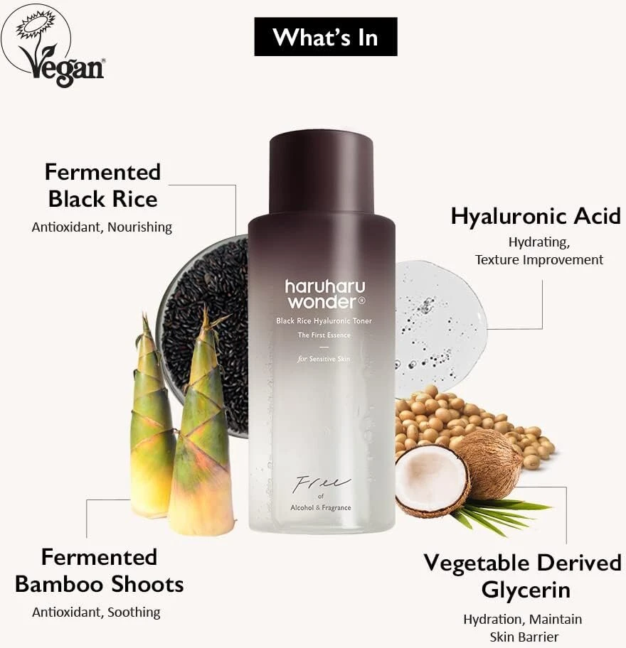 Haruharu Wonder Juodas Rice Hyaluronic tonikas jautriai odai 150 ml | Be alkoholio, be kvapiklių | Veganiškas, be žiaurumo, Eec Žalias