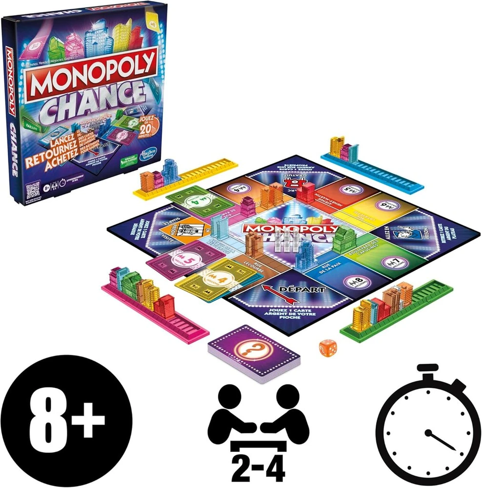 Hasbro Monopolis Happiness Fast Monopolis stalo žaidimas šeimai, skirtas 2–4 žaidėjams, apytiksliai 20 minučių (prancūziška versija)