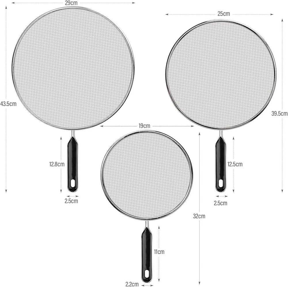 Hatanse 3 vnt. apsaugų nuo purslų rinkinys, nerūdijančio plieno keptuvių dangčiai, virtuvės keptuvių apsaugos nuo aliejaus su rankena, 19 cm, 25 cm, 29 cm skersmens, tinka įvairioms keptuvėms