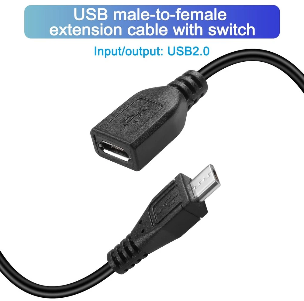 Hatmini micro usb jungtis (vyriška) į jungtį (moteriška) su jungikliu, įkrovimo kabelis 5v 2a, trumpas prailginimo laidas, palaikantis įkrovimo srovę usb įrenginiams