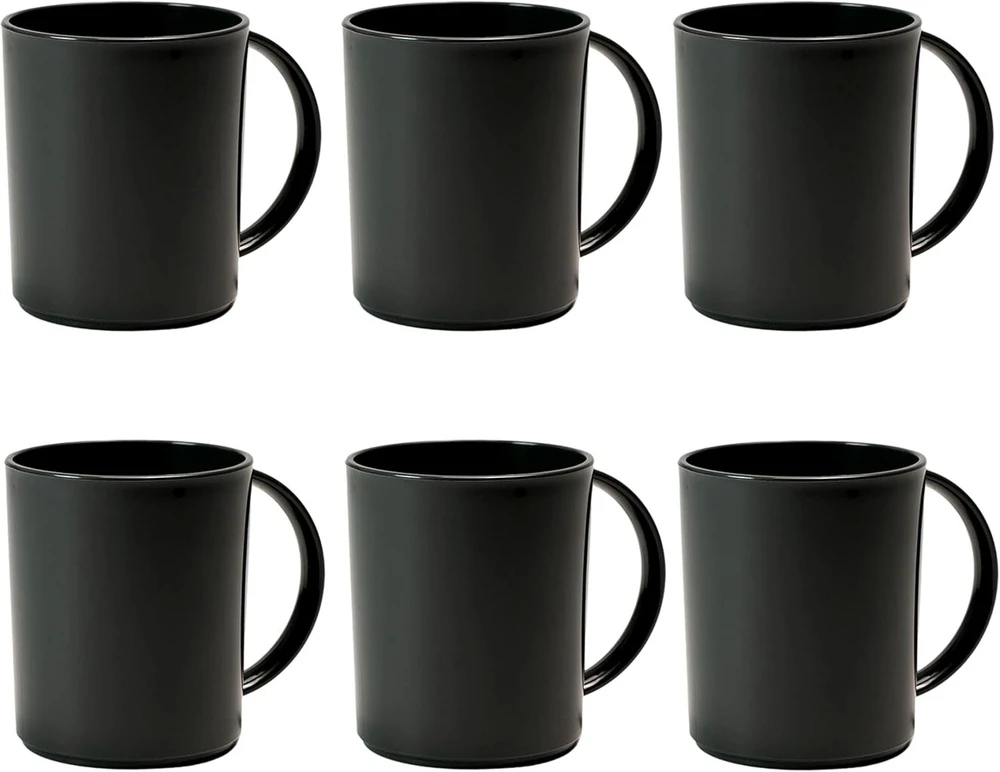 Hausfelder Kempingo puodelių rinkinys, 6 plastikiniai kavos puodeliai, 6 x 360 ml, juodos spalvos su rankena