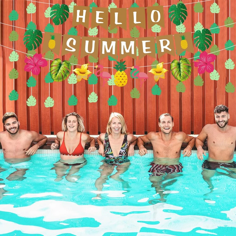 Havajų vakarėlio dekoracija, vasaros vakarėlio dekoracijos, užrašas "hello Summer", havajų tropinio vakarėlio dekoracijos, havajų vakarėlio užrašas Luau vakarėliui prie baseino, paplūdimio vakarėlio dekoracija