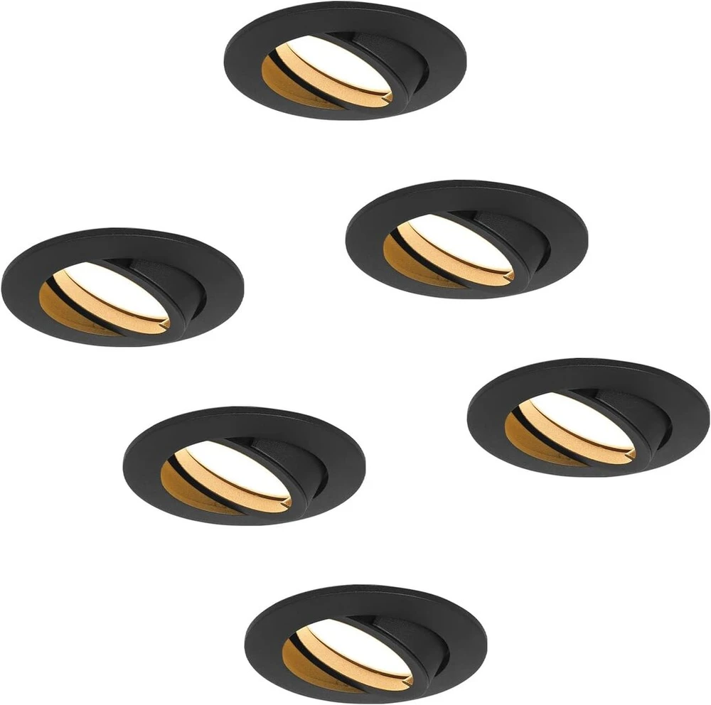 Hcfei led įleidžiamas šviestuvas, reguliuojamas, juodas, pasukamas, 5 w, plokščias, 230 v, įleidžiamas šviestuvas, 68 mm gręžimo skylė, 120° spindulio kampas, šilta balta, 3000 k (6 vnt.)