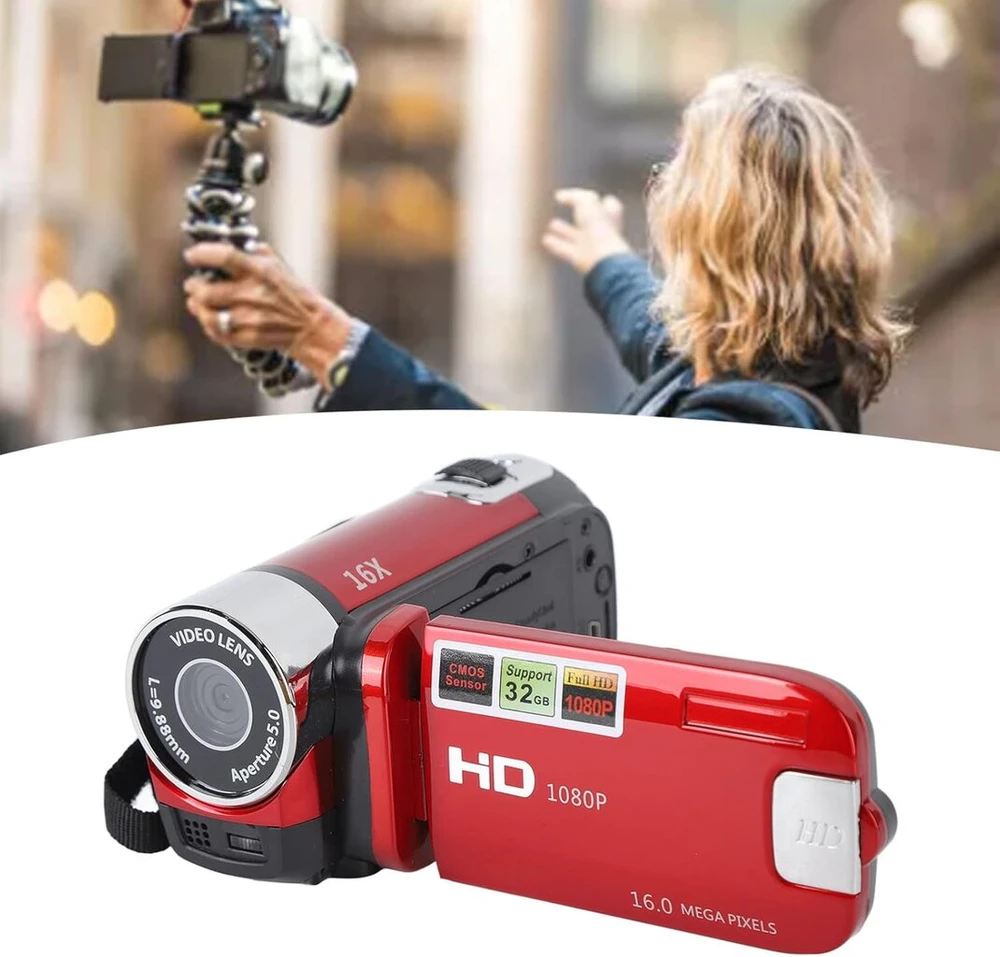 Hd vaizdo kamera, nešiojama 1080p 16mp dv kamera, 2.7 colio tft skaitmeninio priartinimo vaizdo kamera su pasukamu ekranu, 16x skaitmeninio priartinimo kelioninė kamera (raudona)