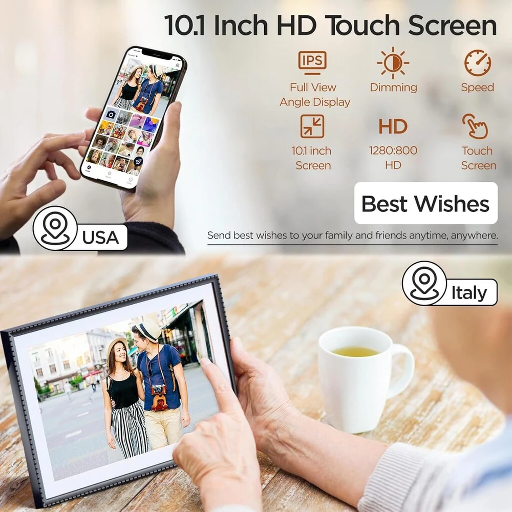 Objektyvas Hdeye Skaitmeninis nuotraukų rėmelis 10.1 colio Wifi, Hd 1280 x 800 Ips jutiklinis ekranas, elektroninis nuotraukų rėmelis su 32 Gb atmintimi, automatinis pasukimas, lengvas nuotraukų ir vaizdo įrašų perkėlimas per Aimor programėlę, Rgb apšvietimo režimas