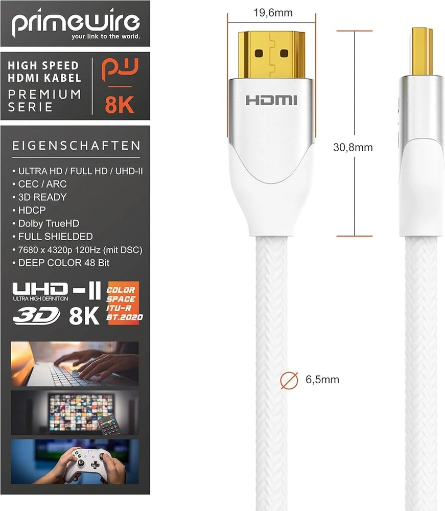 Hdmi 2.1 kabelis 2m, 8k 60hz, 4k 120hz, 48gbps