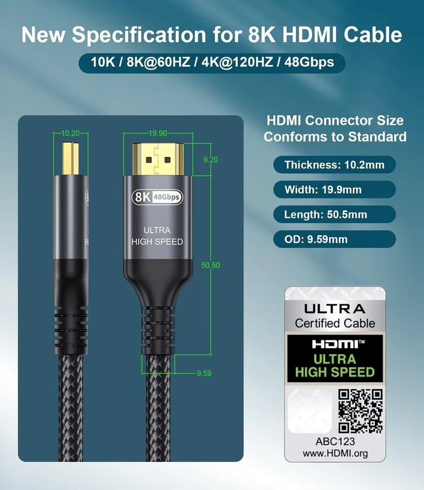Hdmi 2.1 kabelis 6m, 8k/4k, 48gbps, Earc, Hdr10+, suderinamas su žaidimų Pc ir Tv