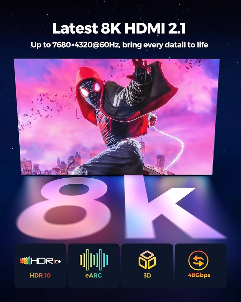 Hdmi 2.1 Kabelis 8k, 2m, 48gbps, Earc, Hdr10, Dolby Atmos