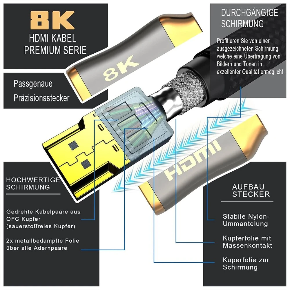 Hdmi 2.1 šviesolaidinis kabelis - 8k 120hz - 4k 240hz hdr10+ 3d earc cec hdcp 2.3 optinis itin didelio greičio paauksuoti kontaktai šviesolaidinis kabelis su cinko lydinio jungtimi apsauga nuo lūžių, juodas (juodas)
