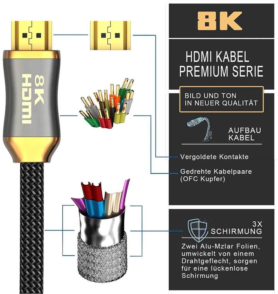 Hdmi 2.1 šviesolaidinis kabelis - 8k 120hz - 4k 240hz hdr10+ 3d earc cec hdcp 2.3 optinis itin didelio greičio paauksuoti kontaktai šviesolaidinis kabelis su cinko lydinio jungtimi apsauga nuo lūžių, juodas (juodas)