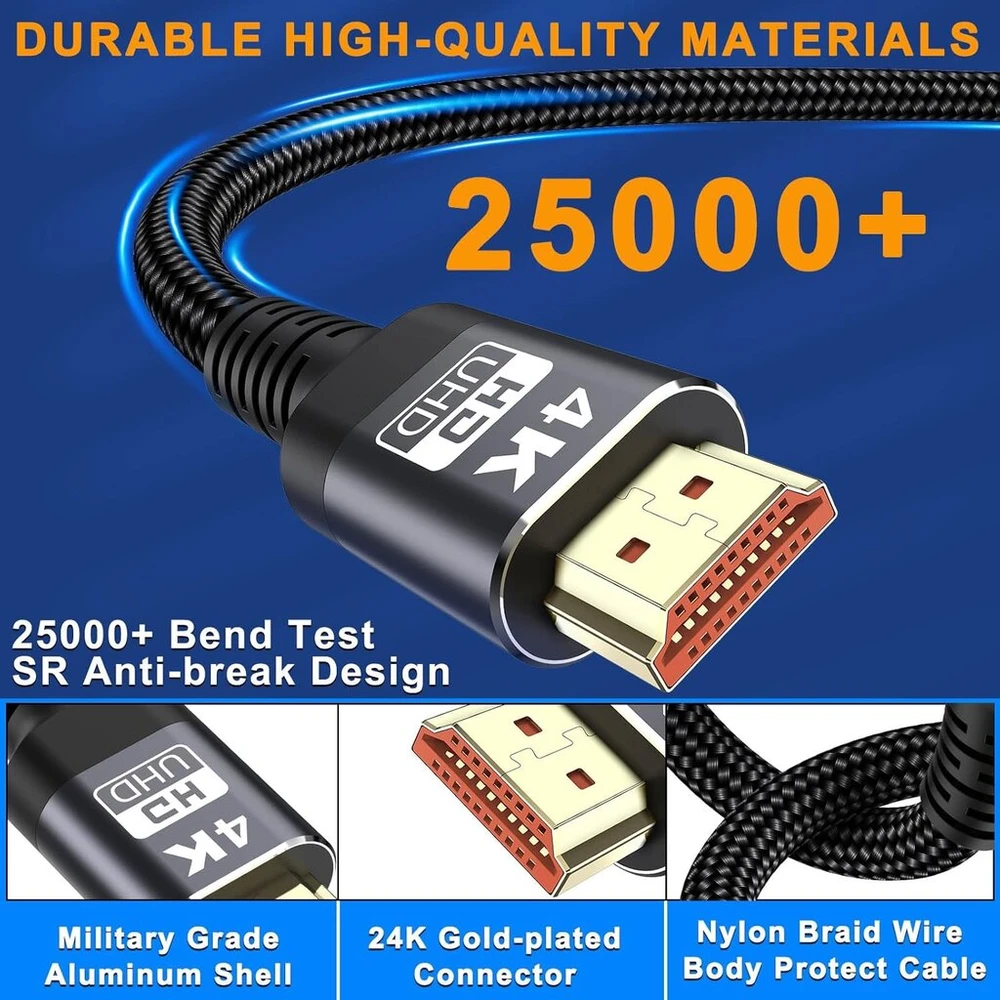 Hdmi kabelis, 4k hdmi kabelis 2m/6.6ft, itin greitas pintas hdmi laidas palaiko 4k@60hz, arc, hdr, 3d, ethernet, suderinamas su visais hdmi įrenginiais