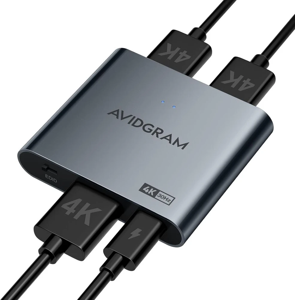 Hdmi skirstytuvas 1 įvestis į 2 išvestis 4k, Avidgram hdmi 2 prievadų skirstytuvas su automatiniu, kopijavimo ir fiksuotu režimu dvigubam identiškam ekranui, suderinamas su XBOX, ps4 pro, ps5 (pilkas)