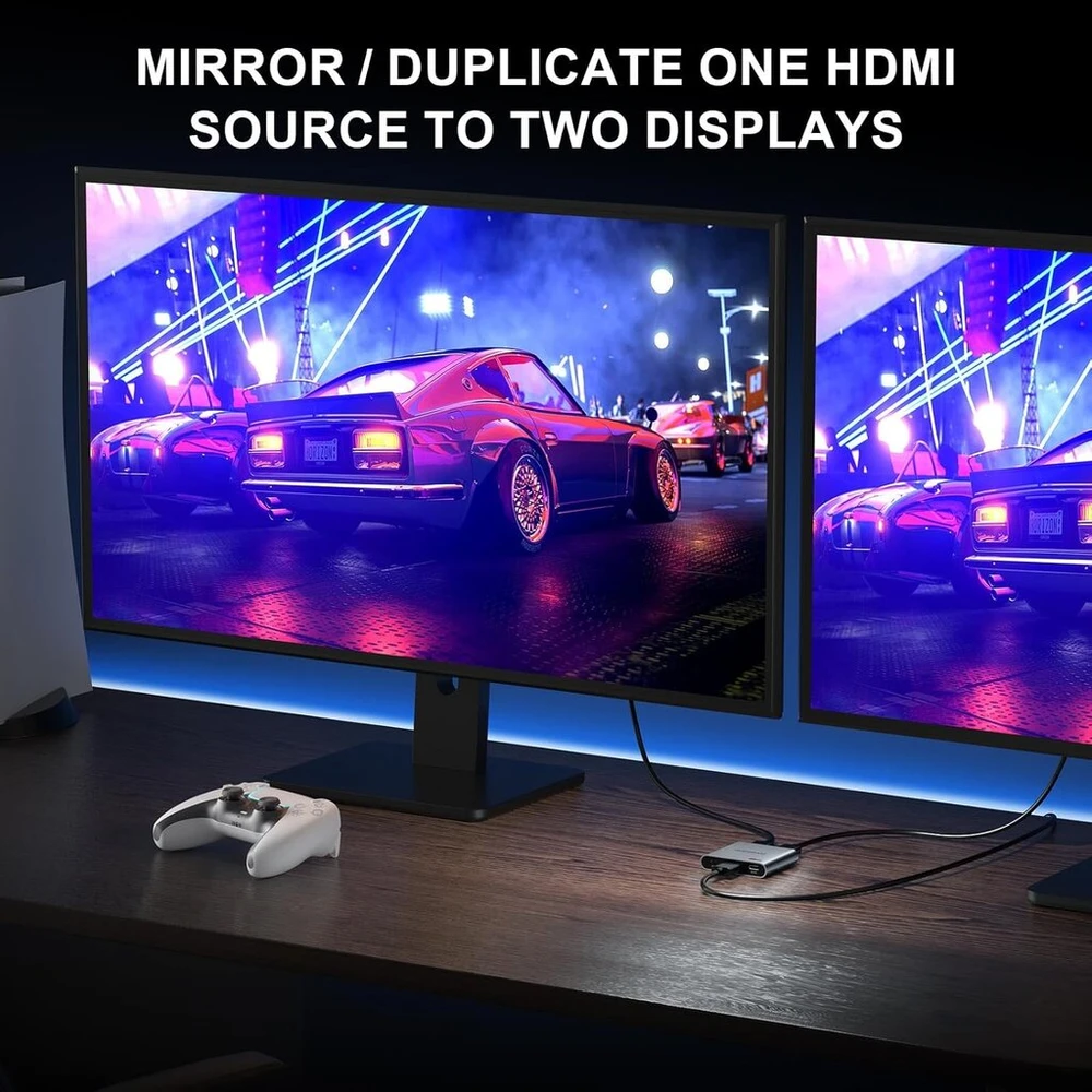 Hdmi skirstytuvas 1 įvestis į 2 išvestis 4k, Avidgram hdmi 2 prievadų skirstytuvas su automatiniu, kopijavimo ir fiksuotu režimu dvigubam identiškam ekranui, suderinamas su XBOX, ps4 pro, ps5 (pilkas)