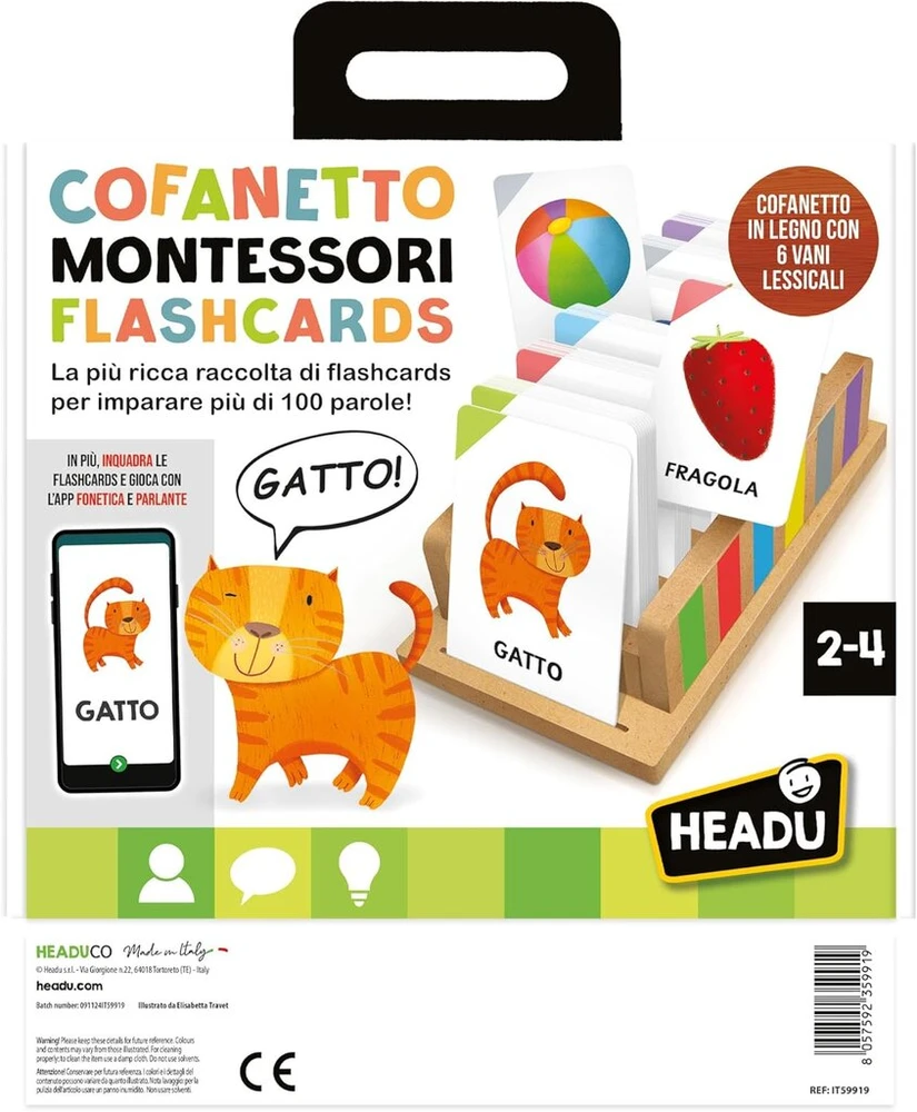 Headu Montessori Lavinamosios Kortelės 120 Kalbančių Kortelių Vaikų Įgūdžių Ugdymui It59919 Edukacinis Žaidimas Vaikams 2-4 Metų Pagaminta Italijoje