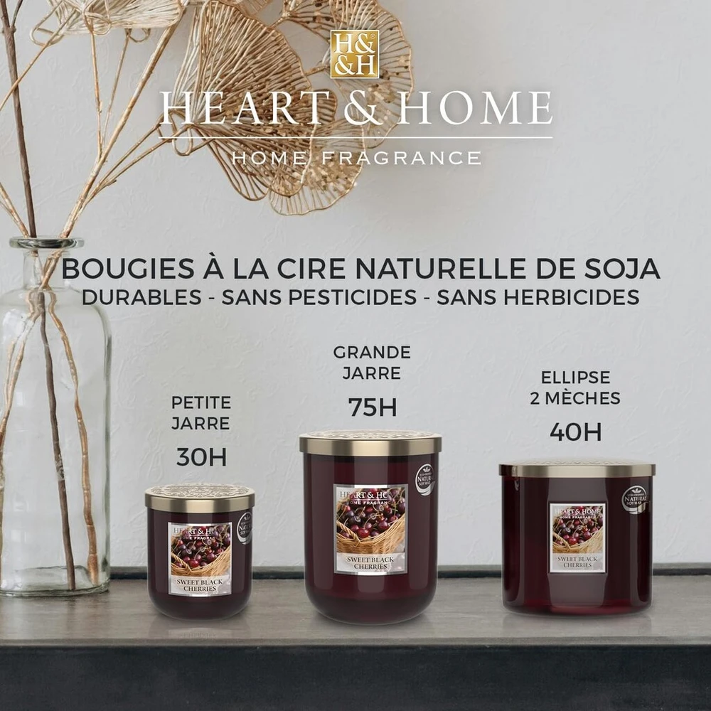Heart & Home kvapni žvakė, pagaminta iš natūralaus sojų vaško namams - didelis stiklainis su gervuogių aromatu - 75 valandų degimo laikas - dovana, dekoracija ir kvapas namams - stiklas