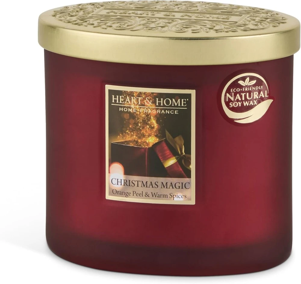 Heart & Home - natūralaus sojų vaško pagrindo kvapni žvakė namams - elipsė su 2 dagčiais Christmas Magic - degimo trukmė 40 valandų - dovana, dekoracija ir kvapas namams - stiklas