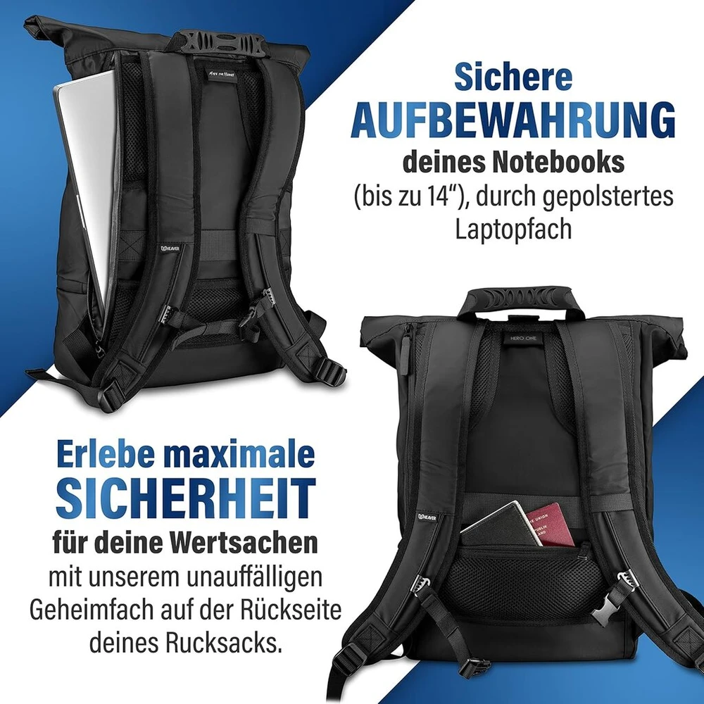 Heaver® kuprinė, rolltop, juoda su skyriumi batams ir nešiojamam kompiuteriui, skirta vyrams ir moterims, lanksti talpa iki 28 l, atspari vandeniui, skirta sportui, laisvalaikiui, universitetui, kelionėms ir darbui