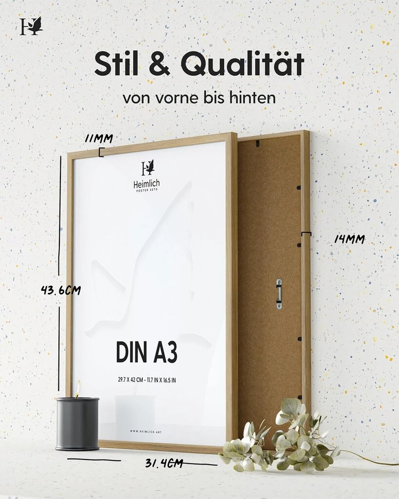 Heimlich® dviguba pakuotė (2 vnt.) ąžuolo spalvos nuotraukų rėmelis Din A3 medinis | Nuotraukų rėmelis 29,7 x 42,0 cm (11,7 x 16,5 colio) ąžuolo spalvos su nedūžtančiu plexi stiklu | Medinis nuotraukų rėmelis