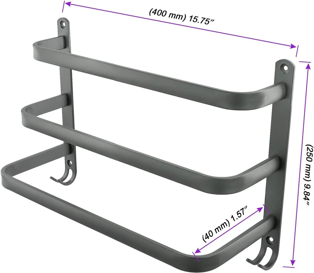 Heiyuet 2 vnt. 40 cm sieninių rankšluosčių laikiklių rinkinys, juodas, 3 sluoksnių aliuminio rankšluosčių laikiklis, be gręžimo, prie sienos montuojamas rankšluosčių laikiklis su kabliukais, vonios rankšluosčių laikiklis voniai, virtuvei