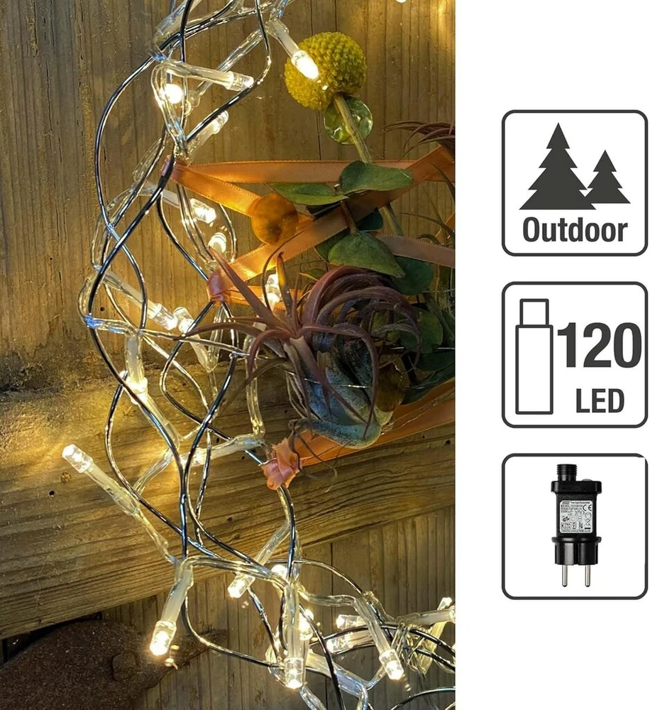 Hellum 150759 lauko led girlianda, 120 šiltai baltų led lempučių, skirta naudoti viduje ir lauke, su laikmačiu, maitinama iš elektros tinklo, 11,90 m apšviestas ilgis su skaidriu kabeliu