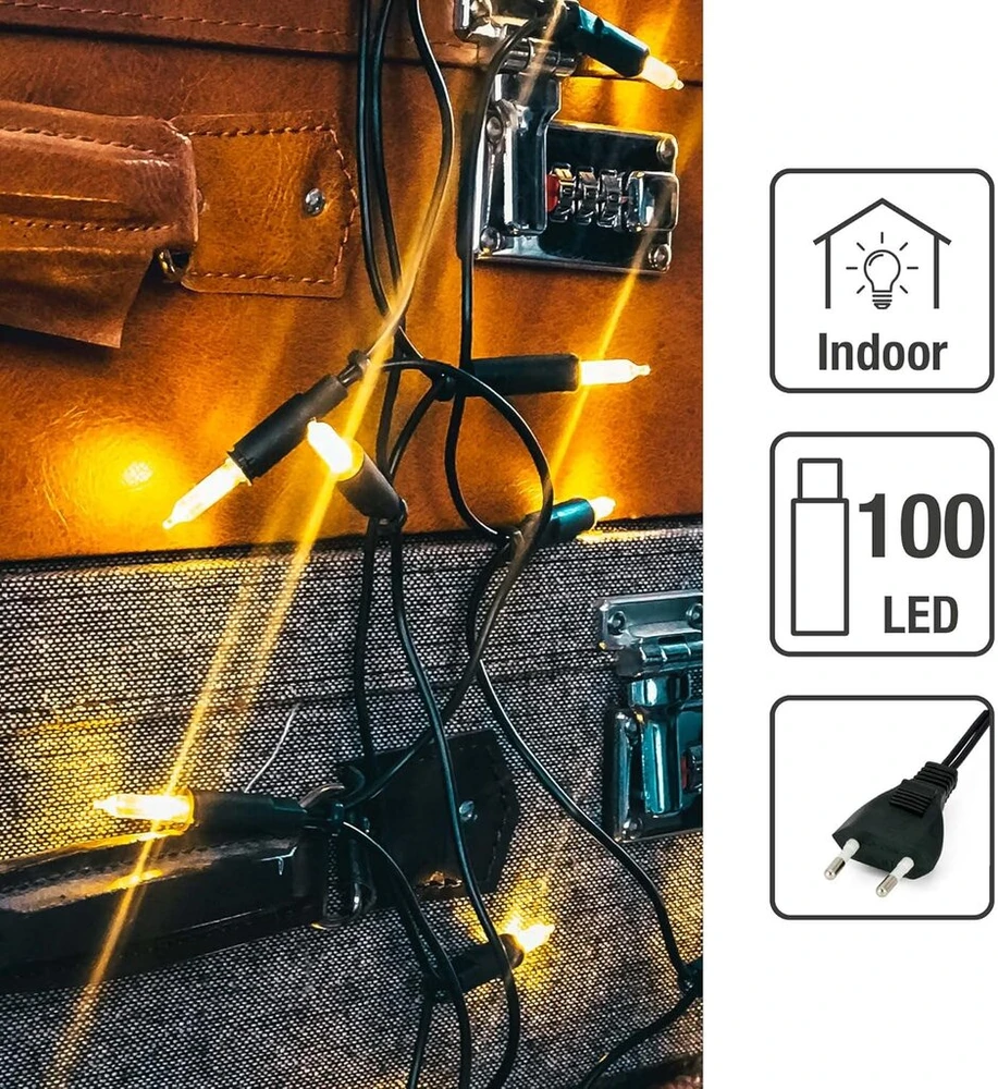Hellum girlianda 100 led šiltai balta, vidaus, 14.85 m šviesos ilgis, 2 x 1.5 m kabelis, dekoratyvinis apšvietimas, sodo vakarėlis, bendras šviesos srautas mažesnis nei 59 liumenų, 560916