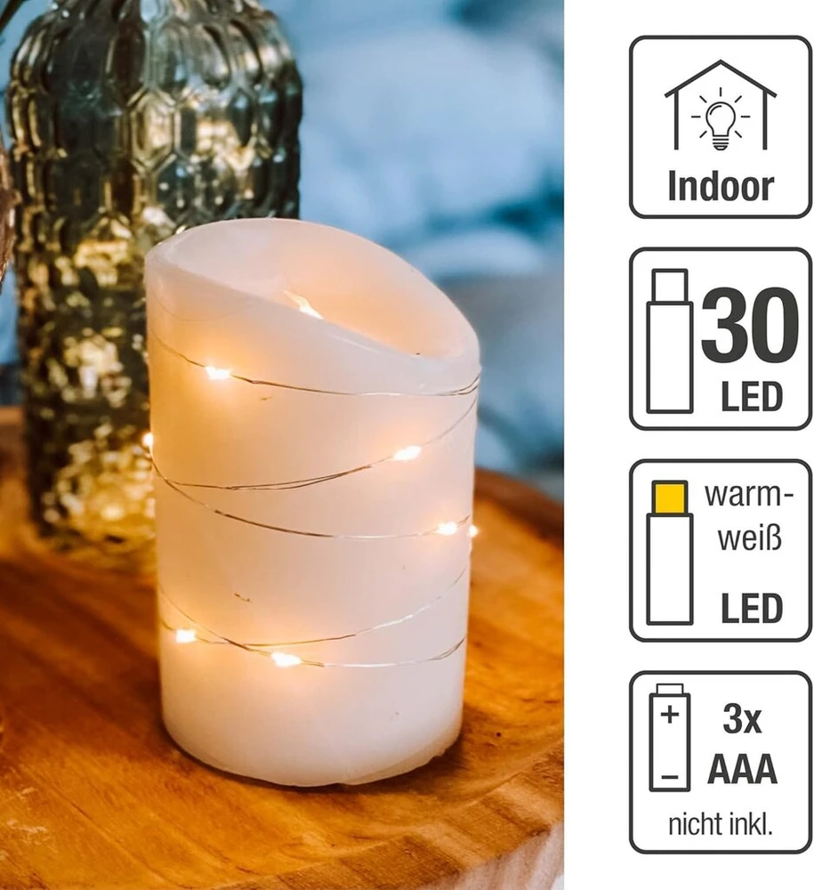 Hellum led vaško žvakė su girliandomis, skersmuo 10 cm x 15 cm aukščio, led žvakės su mirgančia liepsna, žvakės su baterijomis (3 x aaa nepridedamos), kalėdinė apšvietimo dekoracija, tikras vaškas 525120