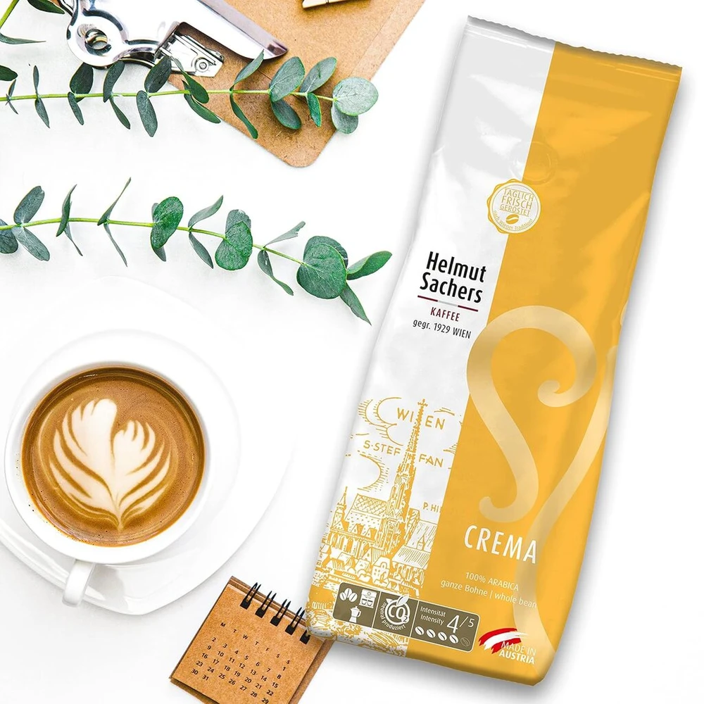 Kavamalė Helmut Sachers Kaffee - Crema, intensyvumas 4/5, 100% Arabica, nesmulkintos kavos pupelės, 6 x 500g