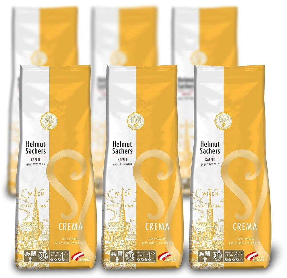 Kavamalė Helmut Sachers Kaffee - Crema, intensyvumas 4/5, 100% Arabica, nesmulkintos kavos pupelės, 6 x 500g