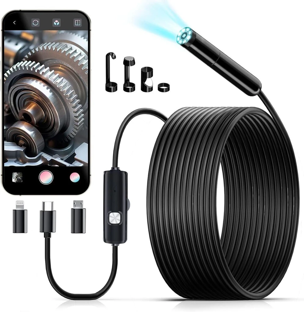 Hengrongshen endoskopinė kamera su apšvietimu mobiliajam telefonui, 1920p hd endoskopinė kamera su 8 reguliuojamais led, 5 m pusiau standi gyvatės kamera, ip67 inspekcinė kamera, kanalo kamera, skirta ios ir android