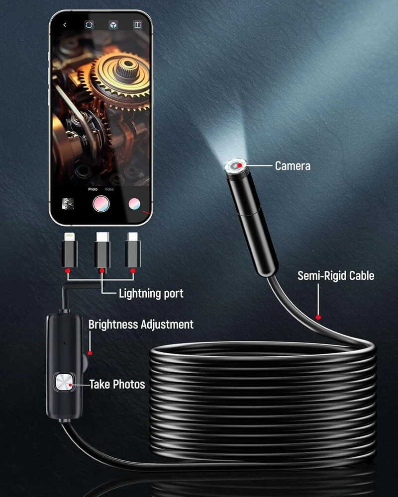 Hengrongshen endoskopinė kamera su apšvietimu mobiliajam telefonui, 1920p hd endoskopinė kamera su 8 reguliuojamais led, 5 m pusiau standi gyvatės kamera, ip67 inspekcinė kamera, kanalo kamera, skirta ios ir android