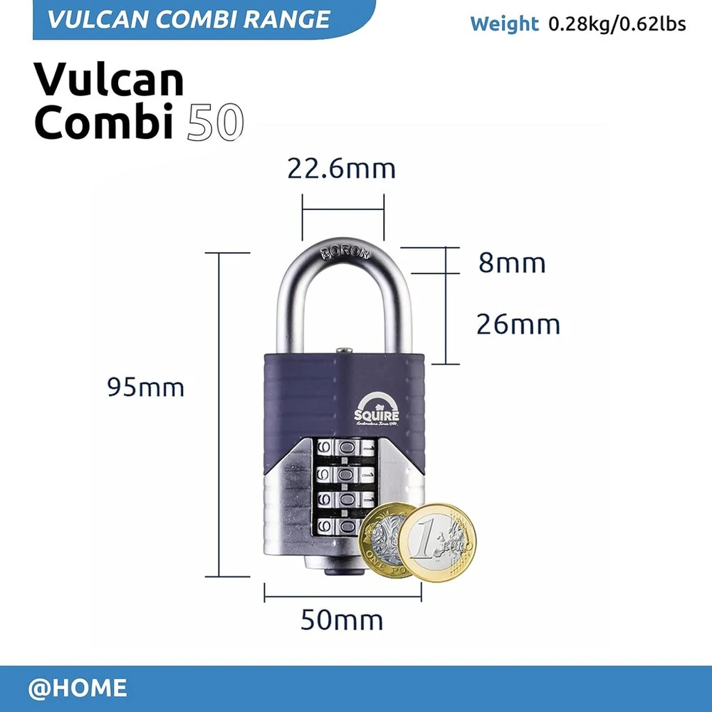 Henry Squire Vulcan 4 ratų atviro lankelio kombinacinė spyna, 50 mm (ilgis)
