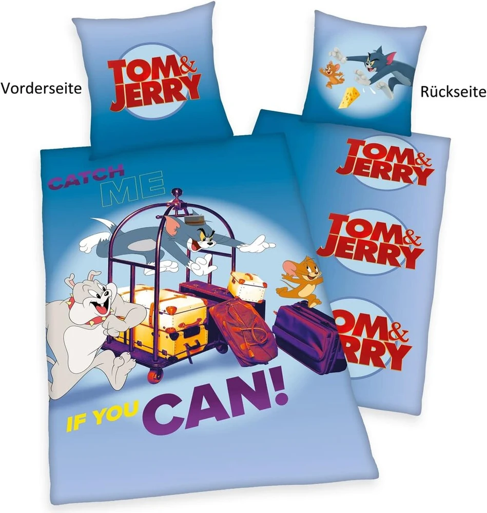Herding patalynės komplektas Tom & Jerry, pagalvės užvalkalas 80 x 80 cm, antklodės užvalkalas 135 x 200 cm, su sagų juostele, 100% medvilnė/linas