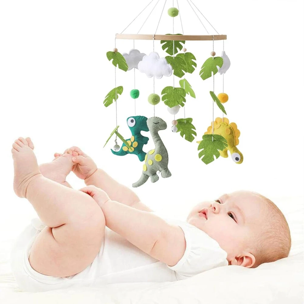Dėklas Herfair lovelės karuselė su vėjo varpeliais kūdikiams, dinozauras, debesys ir žali lapai, pakabinama lovelės karuselė kūdikiams, dovana mergaitėms ir berniukams