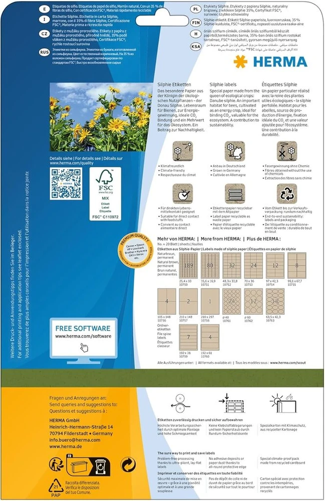 Herma 10763 universalūs ovalūs etiketės iš žolės popieriaus, 20 lapų, 63,5 x 42,3 mm, 18 etikečių viename A4 lape, 360 vnt. pakuotė, lipnios, spausdinamos, matinės, tuščios lipnios etiketės pagamintos iš silfijų popieriaus, natūraliai rudos