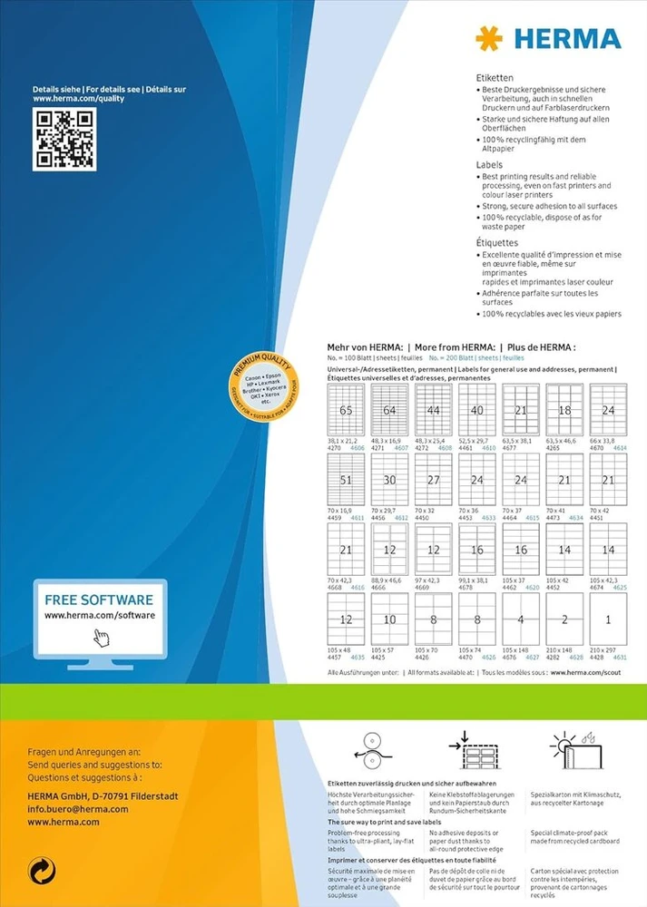 Herma 4634 adresų etiketės, 200 lapų, 70 x 41 mm, 21 etiketė viename A4 lape, 4200 vienetų, lipnios, spausdinamos, matinės, baltos popierinės adresų etiketės