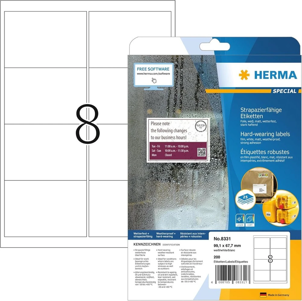 Herma 8331 Vandeniui atsparios etiketės, 200 vnt., 99.1x67.7 mm, baltos