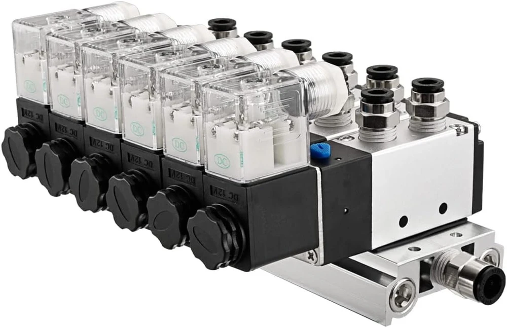 Heschen elektrinis pneumatinis 6 solenoidinis vožtuvas 4v210-08 Dc 12v Pt1/4 5 krypčių 2 padėčių skirstytuvas su pagrindu, duslintuvu ir greito montavimo rinkiniu