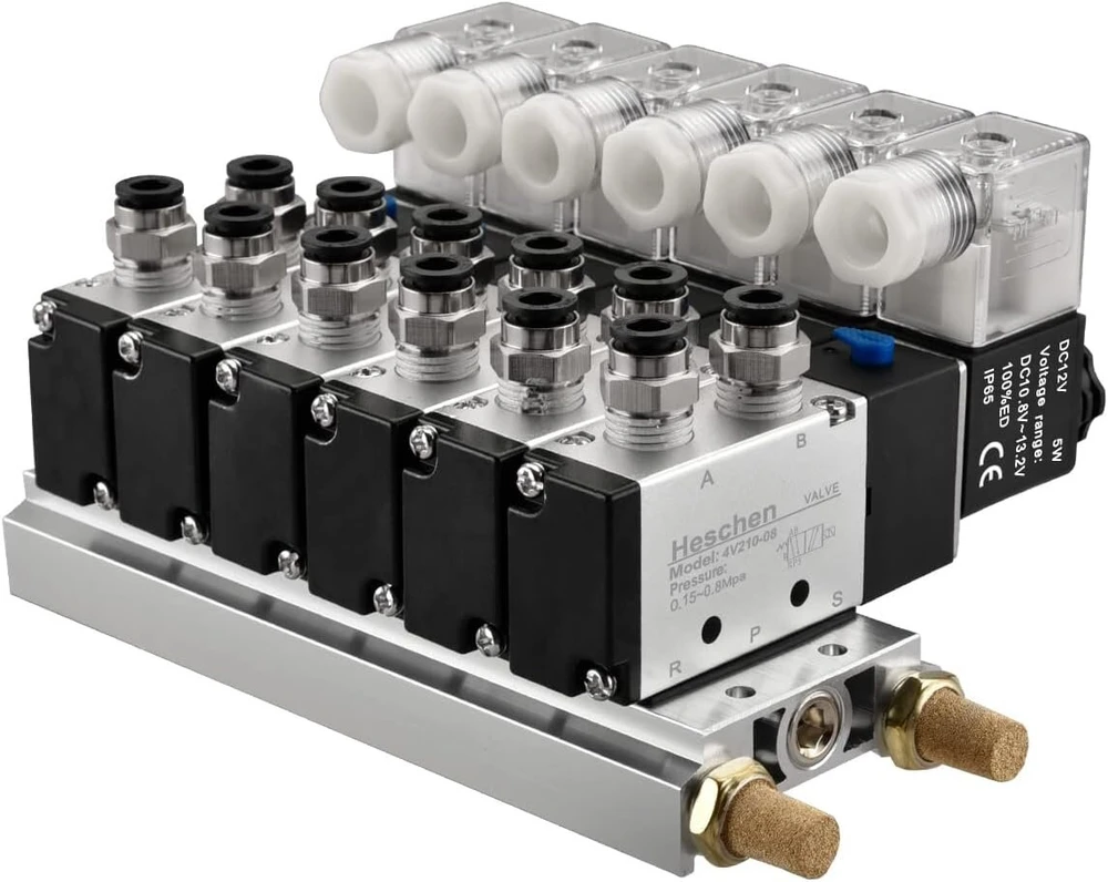 Heschen elektrinis pneumatinis 6 solenoidinis vožtuvas 4v210-08 Dc 12v Pt1/4 5 krypčių 2 padėčių skirstytuvas su pagrindu, duslintuvu ir greito montavimo rinkiniu